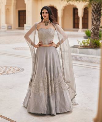 Silver Grey Embroidered Tissue Lehenga Set 1