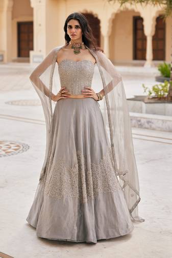 Silver Grey Embroidered Tissue Lehenga Set