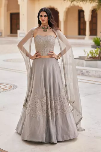 Silver Grey Embroidered Tissue Lehenga Set