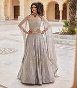 Silver Grey Embroidered Tissue Lehenga Set