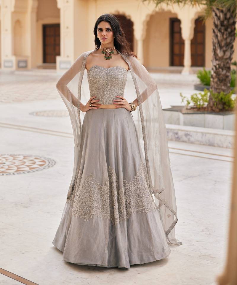 Silver Grey Embroidered Tissue Lehenga Set