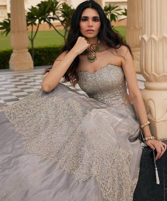 Silver Grey Embroidered Tissue Lehenga Set 2