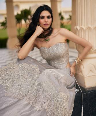 Silver Grey Embroidered Tissue Lehenga Set 3