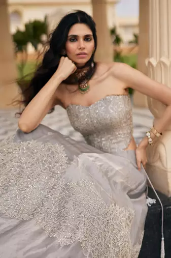 Silver Grey Embroidered Tissue Lehenga Set