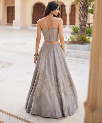 Silver Grey Embroidered Tissue Lehenga Set 4