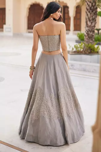 Silver Grey Embroidered Tissue Lehenga Set