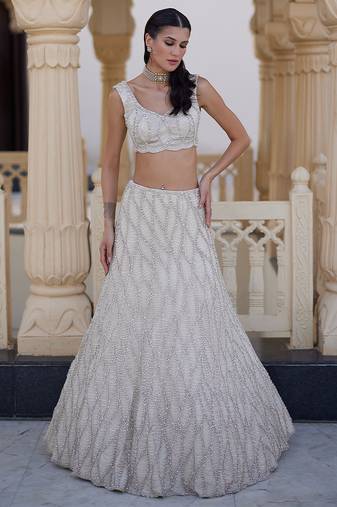 Ivory Embroidered Net Lehenga Set