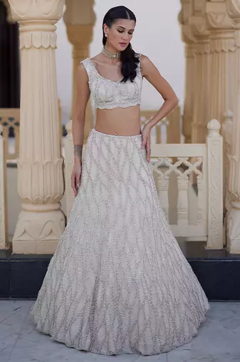 Ivory Embroidered Net Lehenga Set