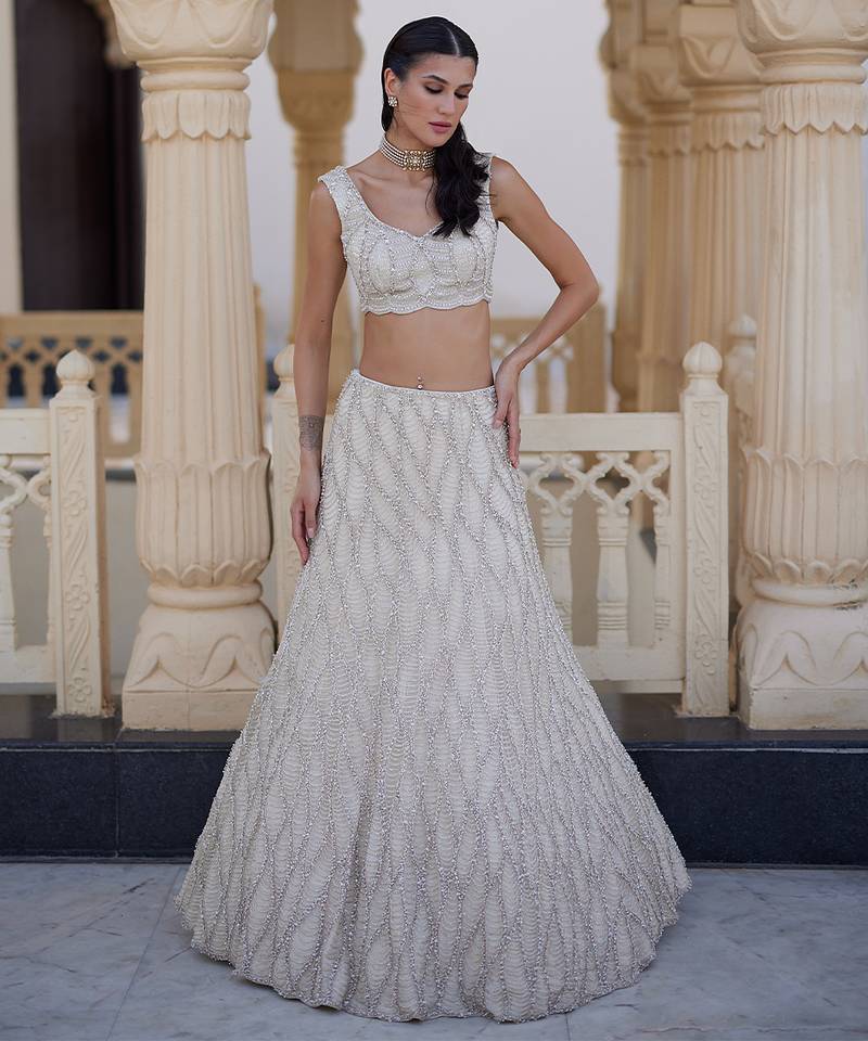 Ivory Embroidered Net Lehenga Set
