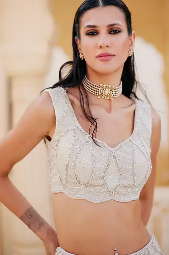 Ivory Embroidered Net Lehenga Set