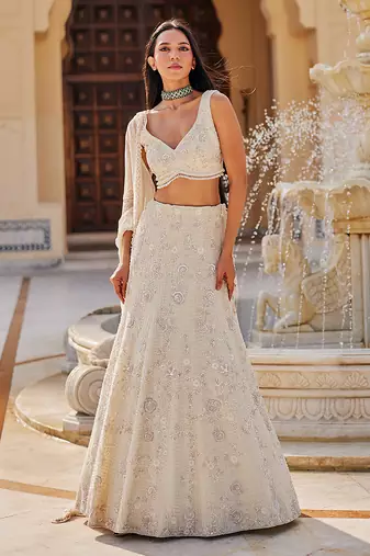 Ivory Floral Embroidered Net Lehenga Set