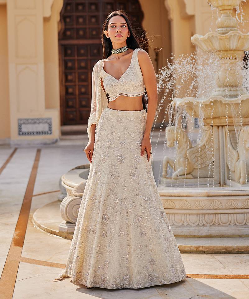 Ivory Floral Embroidered Net Lehenga Set