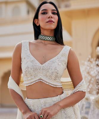 Ivory Floral Embroidered Net Lehenga Set 2