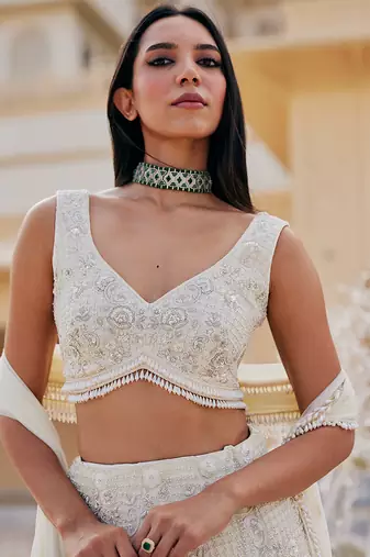 Ivory Floral Embroidered Net Lehenga Set