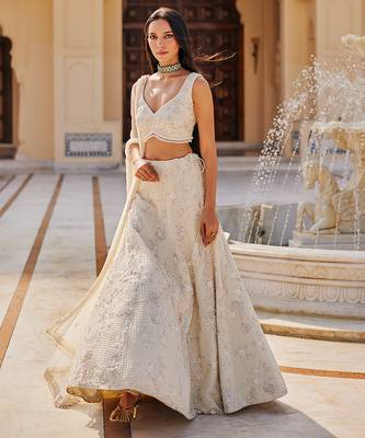 Ivory Floral Embroidered Net Lehenga Set 3