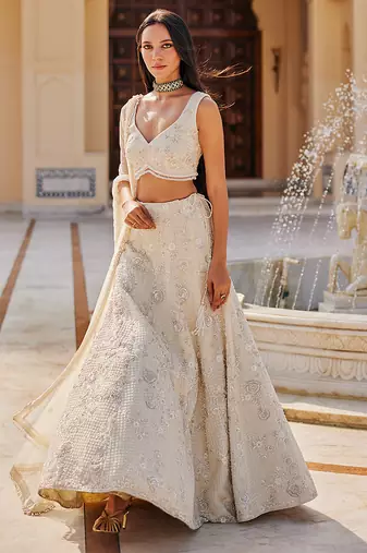 Ivory Floral Embroidered Net Lehenga Set