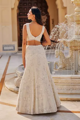 Ivory Floral Embroidered Net Lehenga Set
