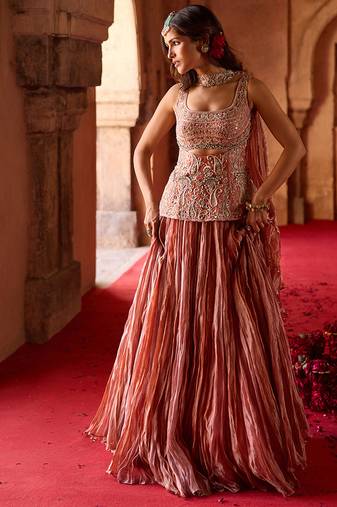 Rust Rose Pink Embroidered Tissue Lehenga Set