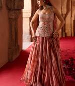 Rust Rose Pink Embroidered Tissue Lehenga Set