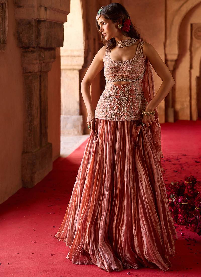 Rust Rose Pink Embroidered Tissue Lehenga Set