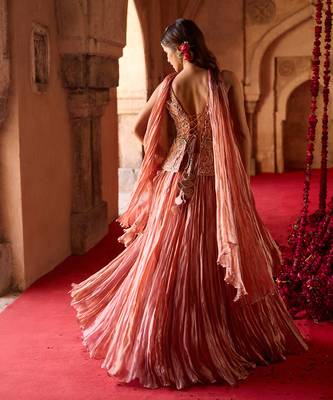 Rust Rose Pink Embroidered Tissue Lehenga Set 2