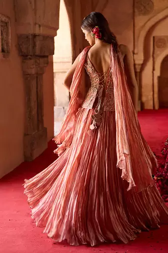 Rust Rose Pink Embroidered Tissue Lehenga Set