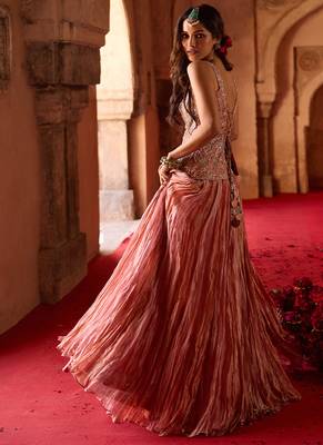 Rust Rose Pink Embroidered Tissue Lehenga Set 3