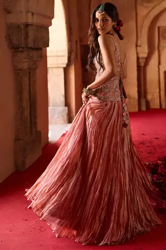 Rust Rose Pink Embroidered Tissue Lehenga Set