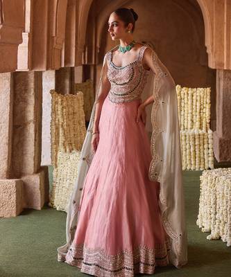 Rose Pink Embroidered Tissue Lehenga Set 1