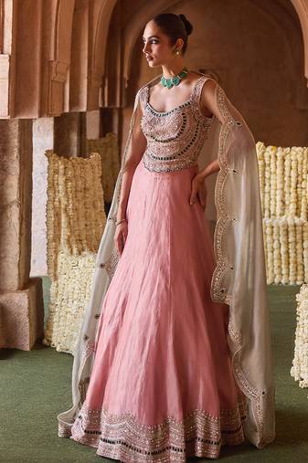 Rose Pink Embroidered Tissue Lehenga Set