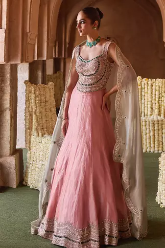 Rose Pink Embroidered Tissue Lehenga Set