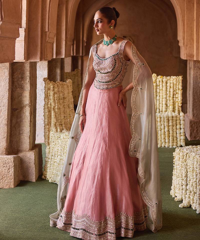 Rose Pink Embroidered Tissue Lehenga Set
