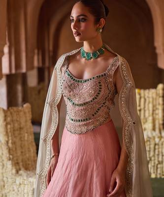 Rose Pink Embroidered Tissue Lehenga Set 2
