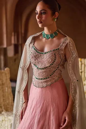 Rose Pink Embroidered Tissue Lehenga Set