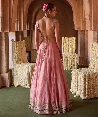 Rose Pink Embroidered Tissue Lehenga Set 3