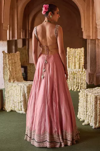 Rose Pink Embroidered Tissue Lehenga Set