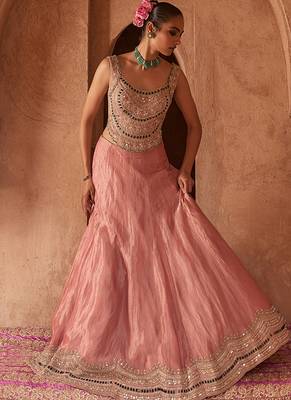Rose Pink Embroidered Tissue Lehenga Set 4