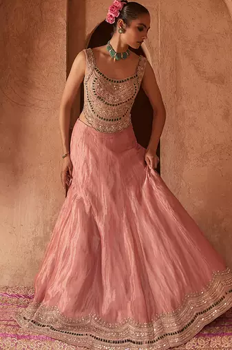 Rose Pink Embroidered Tissue Lehenga Set