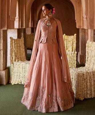 Peach Pink Embroidered Tissue Lehenga Set 1