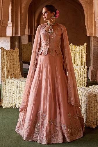 Peach Pink Embroidered Tissue Lehenga Set