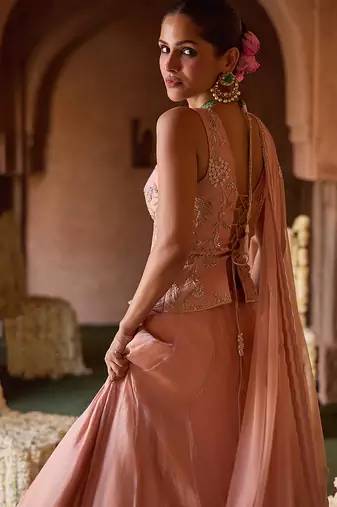 Peach Pink Embroidered Tissue Lehenga Set