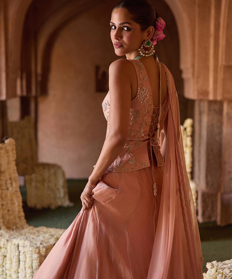 Peach Pink Embroidered Tissue Lehenga Set