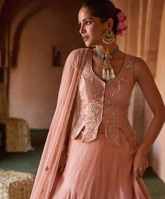 Peach Pink Embroidered Tissue Lehenga Set 3