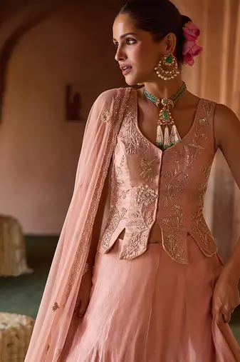 Peach Pink Embroidered Tissue Lehenga Set