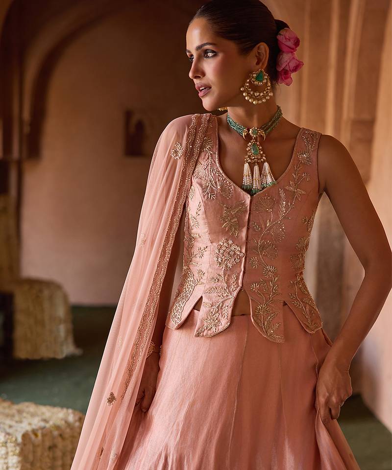 Peach Pink Embroidered Tissue Lehenga Set