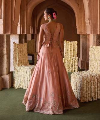 Peach Pink Embroidered Tissue Lehenga Set 4