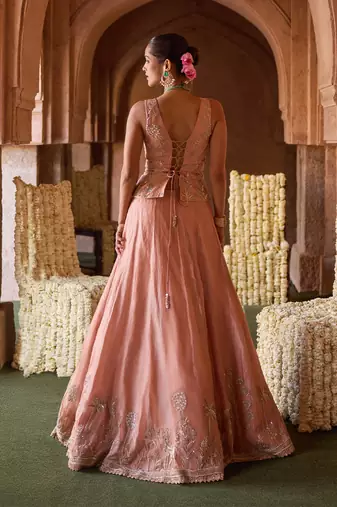 Peach Pink Embroidered Tissue Lehenga Set