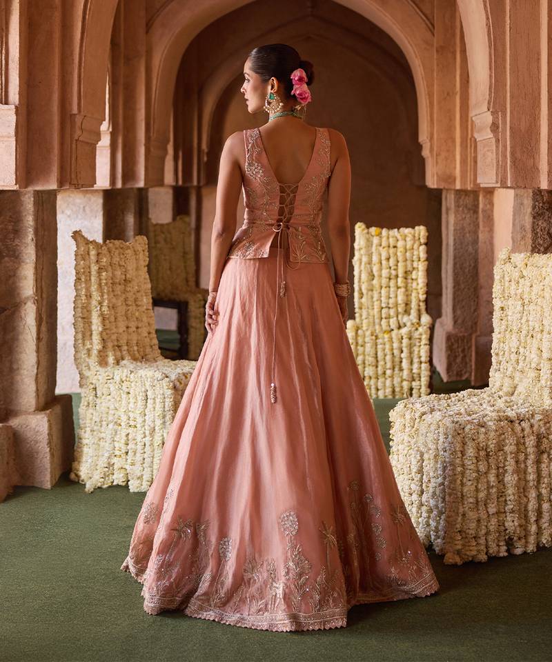 Peach Pink Embroidered Tissue Lehenga Set