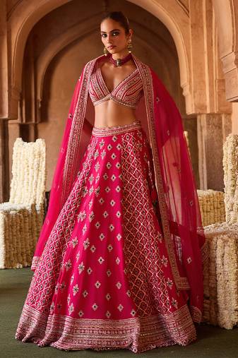 Fuchsia Pink Embroidered Cupro Silk Lehenga Set
