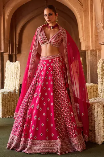Fuchsia Pink Embroidered Cupro Silk Lehenga Set